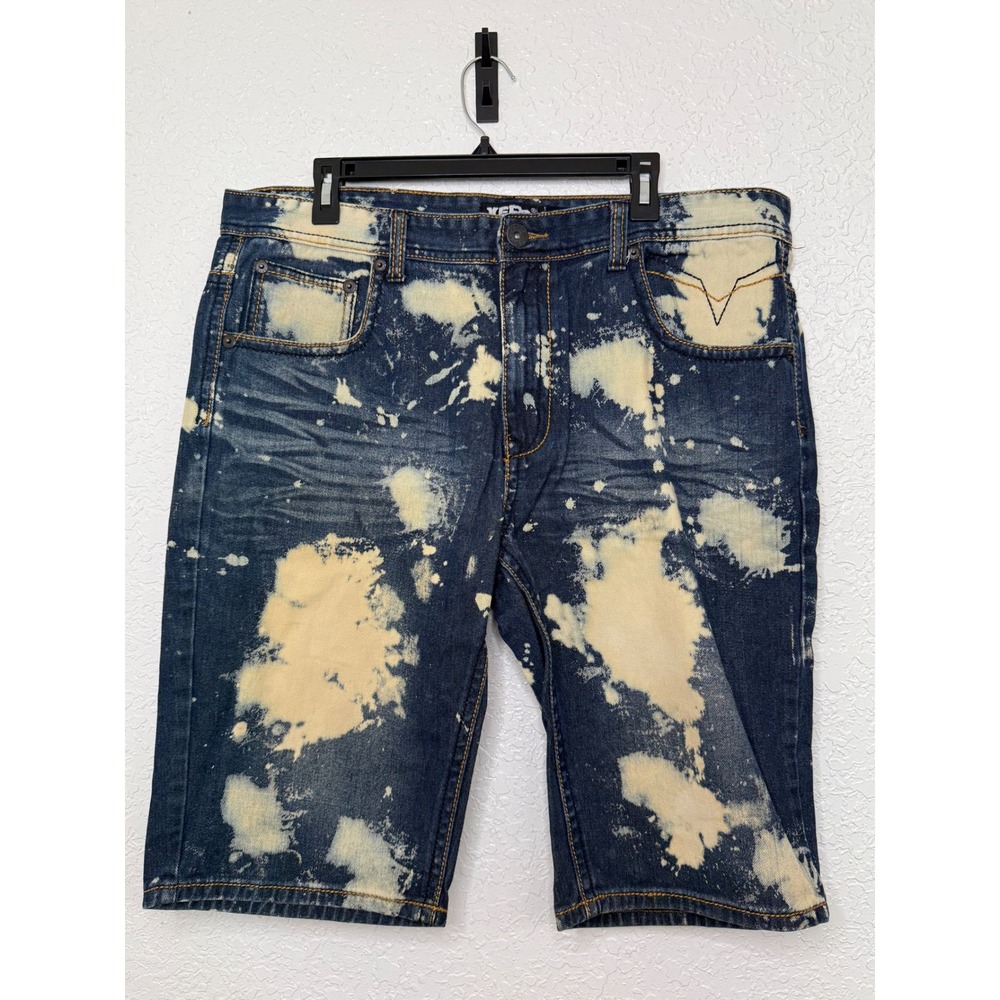Xers Mens Slim Straight Bleach Splatter Denim Shorts Dark Wash Blue Size 38